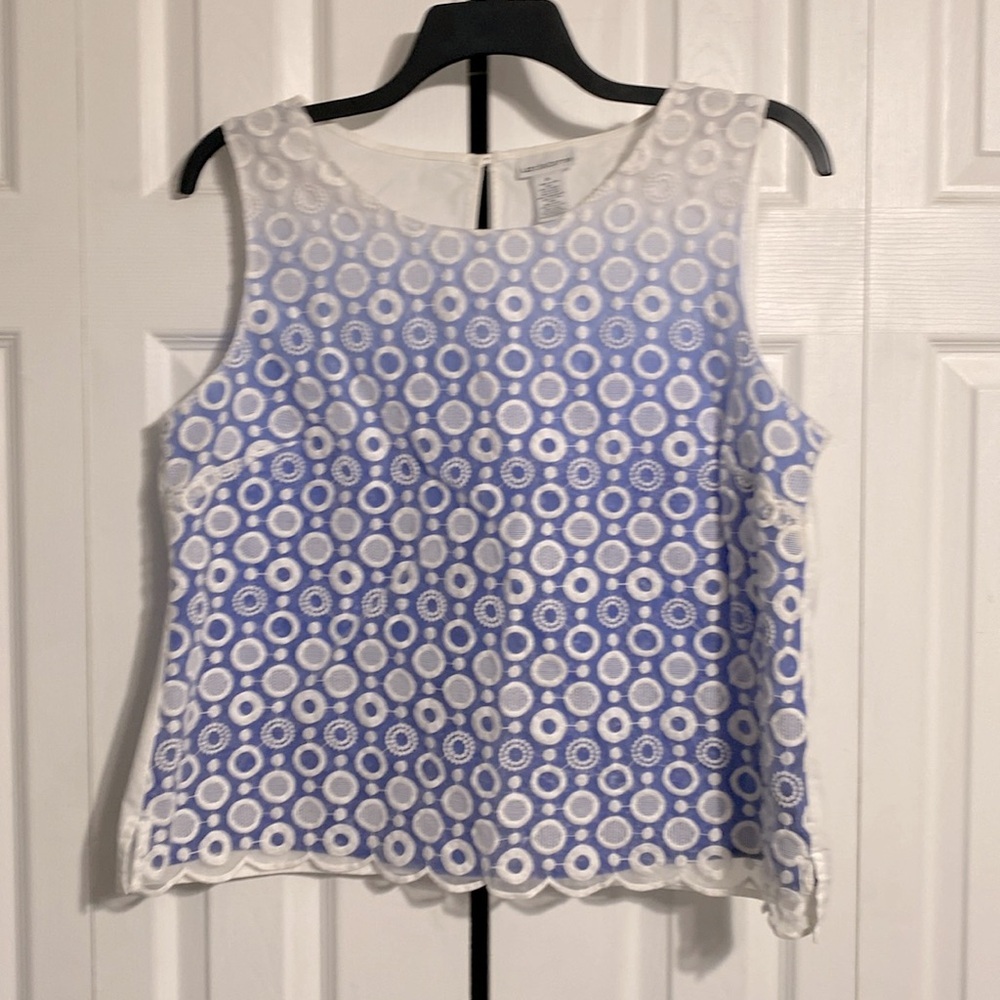 Liz Claiborne cropped blue & white Embroidered Lace Overlay Top shirt blouse XL